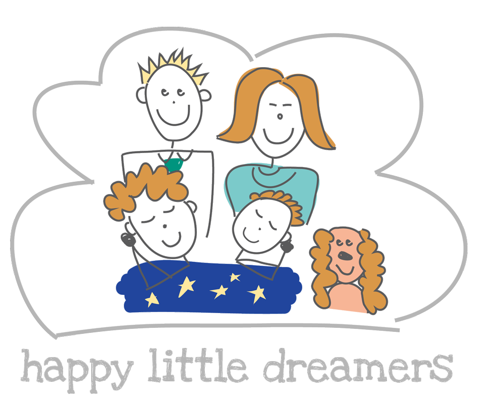 No back ground. Happy Little Dreamers logo, cartoon family with sleeping children and happy parents