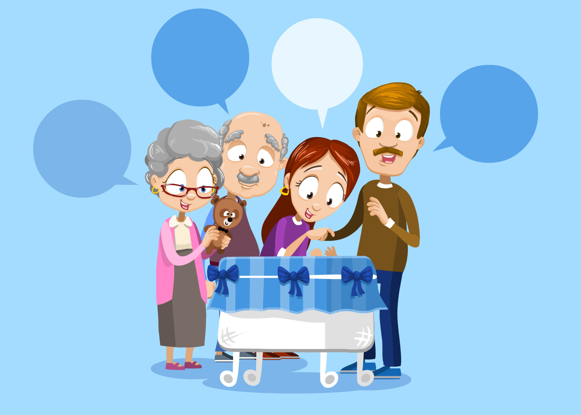 Cartoon picture of parents and grandparents standing over a crib all giving advice on baby sleep